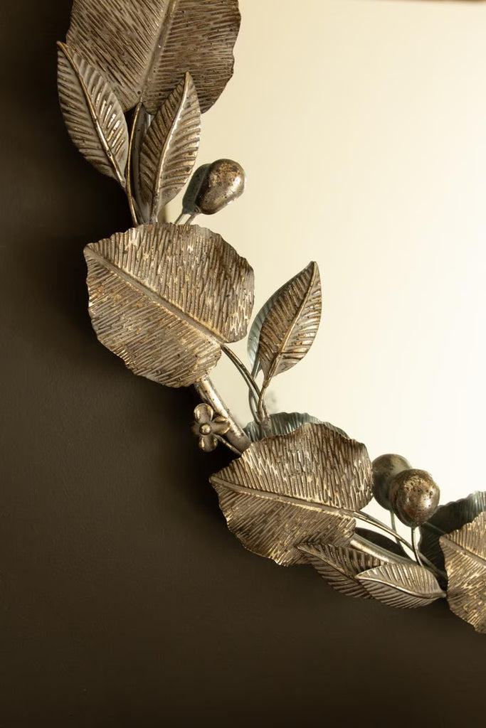 Round Rustic Framed Mirror with Leaf Detail – image 2
