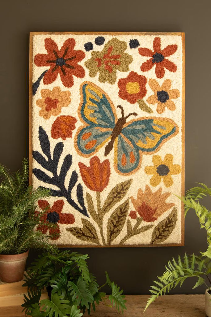 Wood Framed Hand-hooked Flowers & Butterfly – image 1