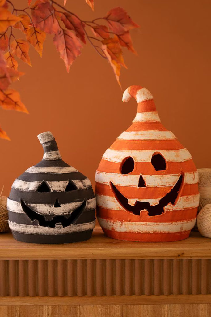 Set of 2 Painted Clay Striped Jack-o-lanterns – image 1