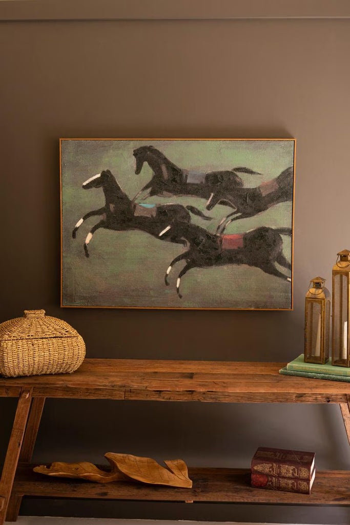 Framed Paint Over Print Four Run Away Race Horses – image 1