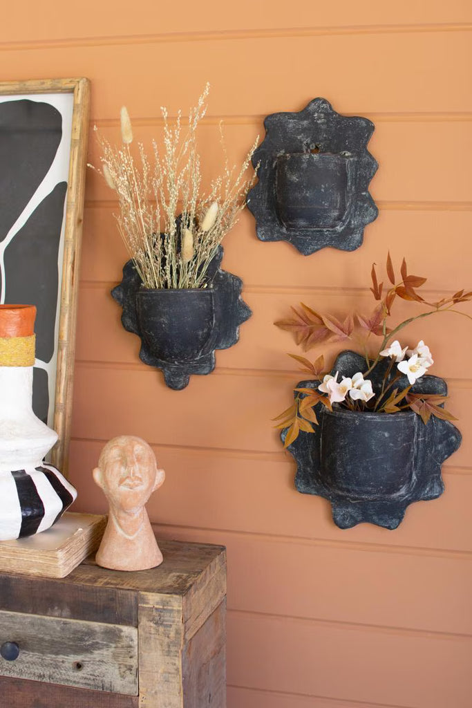 SET OF THREE BLACK WAVY CLAY WALL PLANTERS — Kalalou H4439