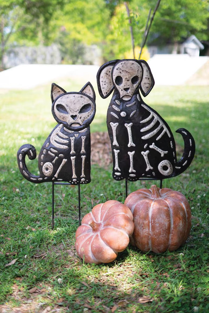 Set of 2 Hand-Hammered Painted Metal Cat and Dog Skeleton Yard Stakes