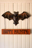 Hand-Hammered Painted Metal Bat with Happy Haunting Sign Wall Hanging