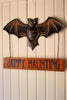 Hand-Hammered Painted Metal Bat with Happy Haunting Sign Wall Hanging