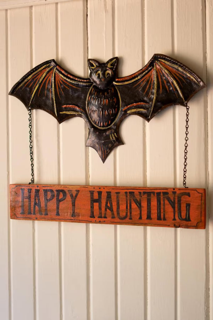Hand-Hammered Painted Metal Bat with Happy Haunting Sign Wall Hanging