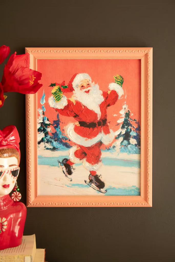 Framed Ice Skating Santa Painting