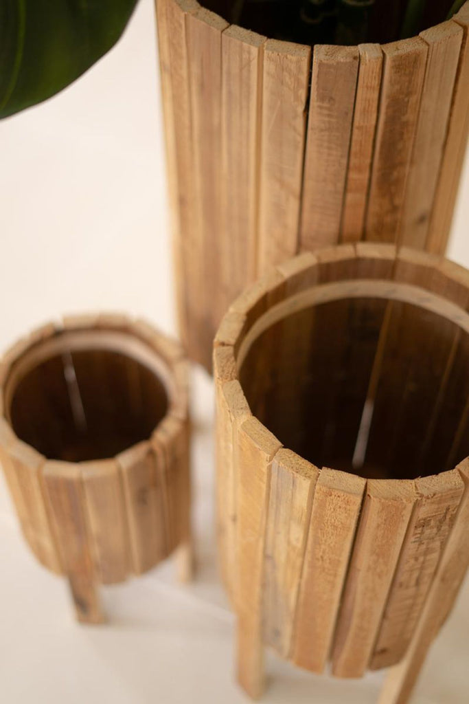 Set of 3 Round Recycled Slatted Wood Planters