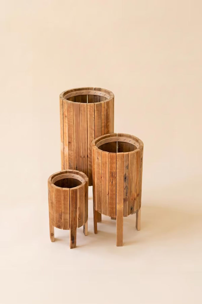 Set of 3 Round Recycled Slatted Wood Planters