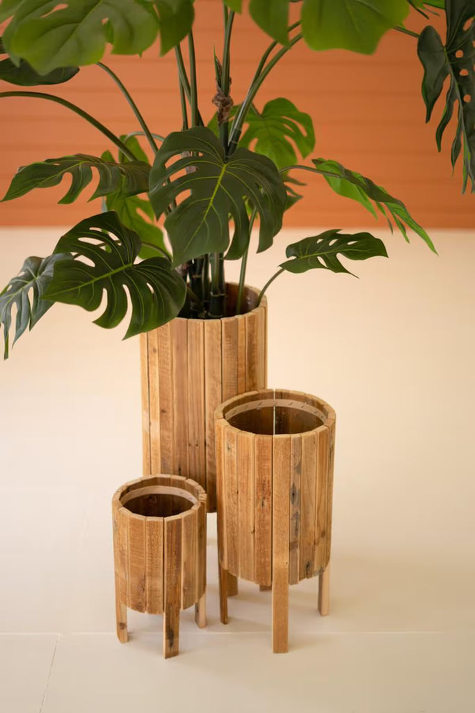 Set of 3 Round Recycled Slatted Wood Planters