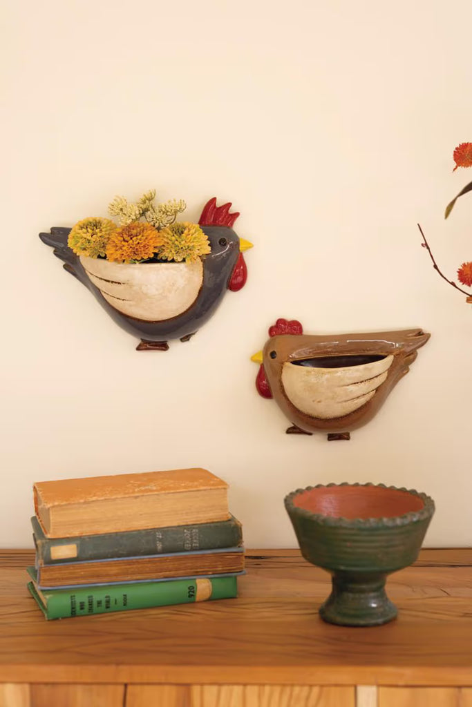 Set of 2 Ceramic Chicken Wall Planters