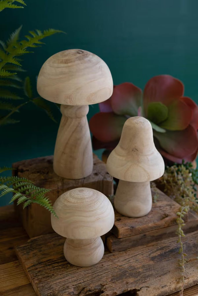 Set of 3 Natural Wood Mushrooms