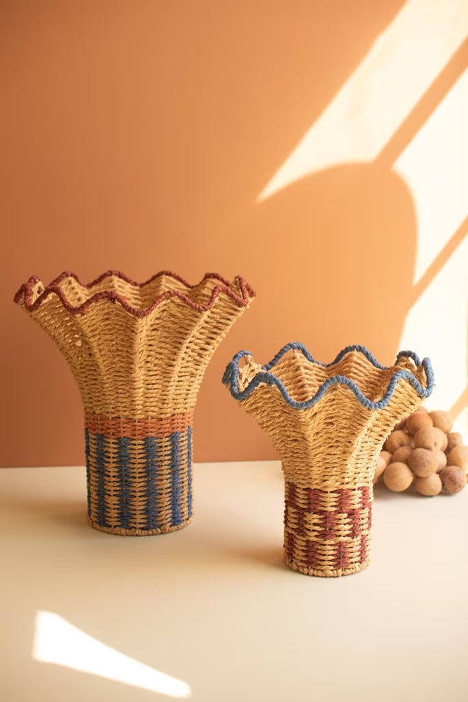 Set of 2 Twisted Paper Vases with Ruffled Rims