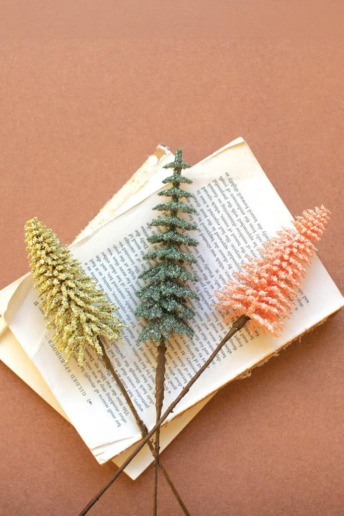 Mini Bottle Brush Trees on a Stem / Yellow (Set of 24)