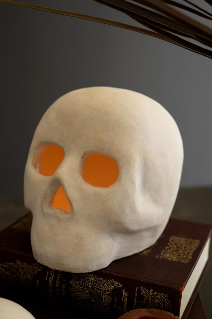 Set of 2 Cement Halloween Skulls Luminaries