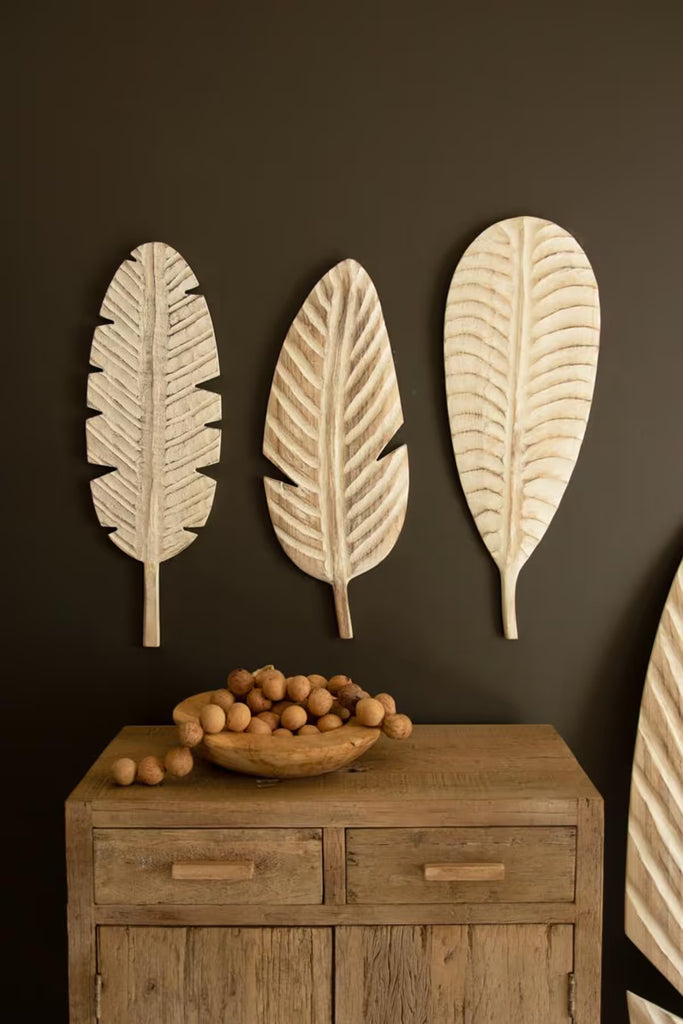 Set of 3 Hand-Carved Paulownia Wood Leaves Wall Art