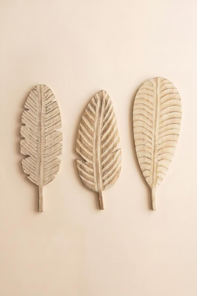 Set of 3 Hand-Carved Paulownia Wood Leaves Wall Art