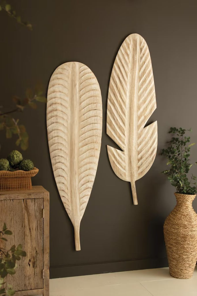 Set of 2 Giant Hand-Carved Paulownia Wood Leaves Wall Art