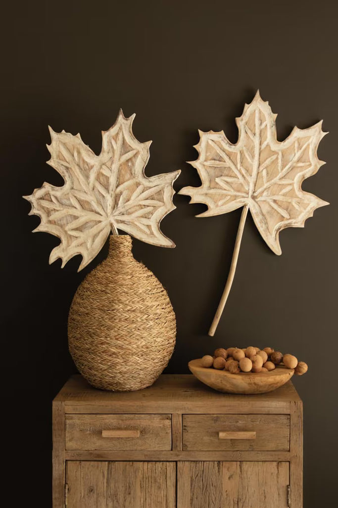 Hand-Carved Paulownia Wood Maple Leaf Wall Art (Set of 3)
