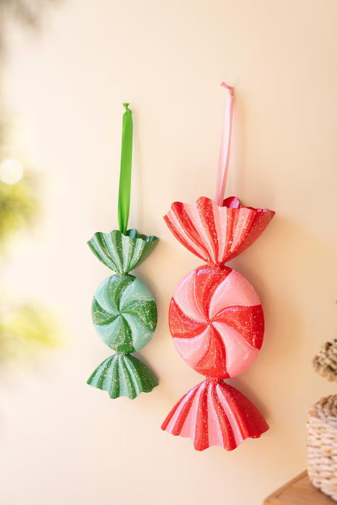 Set of 2 Large Painted Metal Colorful Christmas Candy Ornaments