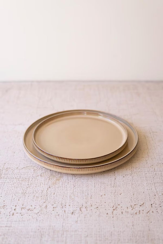 Set of 3 Khaki Ceramic Dinner Plate, Salad Plate and Bowl with Ridges (6 Sets)
