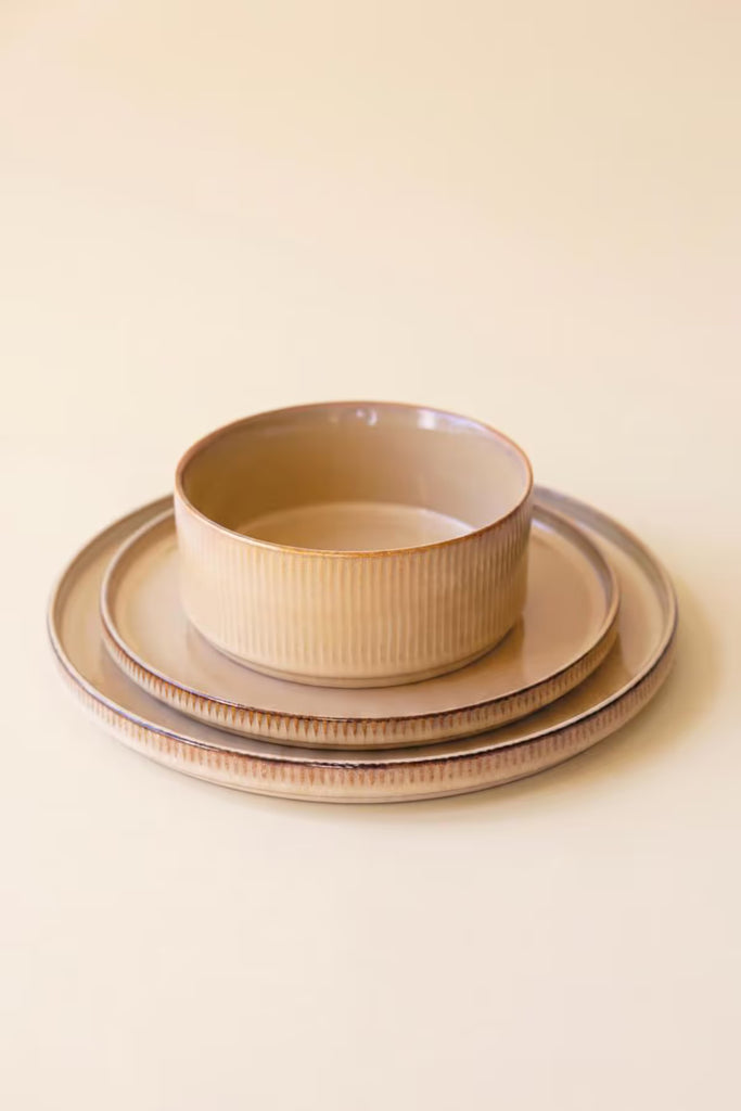 Set of 3 Khaki Ceramic Dinner Plate, Salad Plate and Bowl with Ridges (6 Sets)