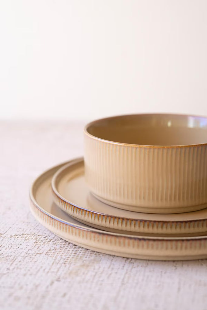 Set of 3 Khaki Ceramic Dinner Plate, Salad Plate and Bowl with Ridges (6 Sets)