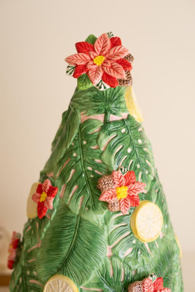 Ceramic Christmas Tree with Lemons and Poinsettias