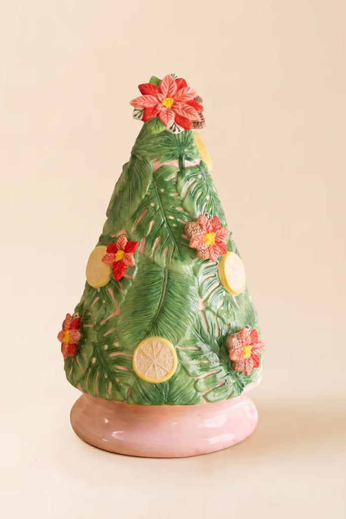 Ceramic Christmas Tree with Lemons and Poinsettias