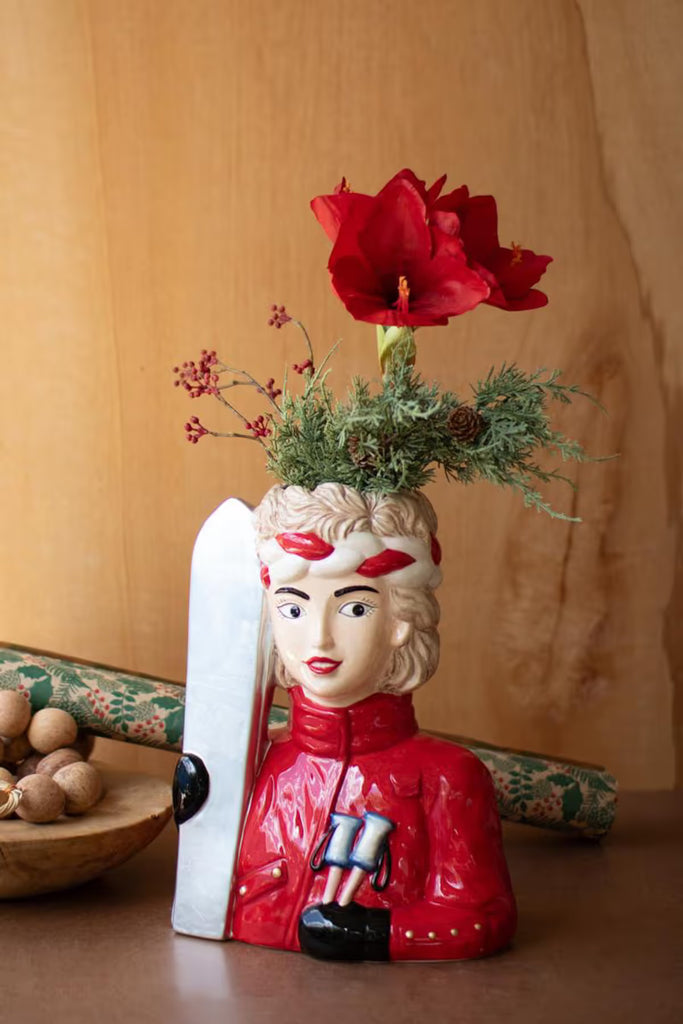 Large Ceramic Snow Skier Woman Vase