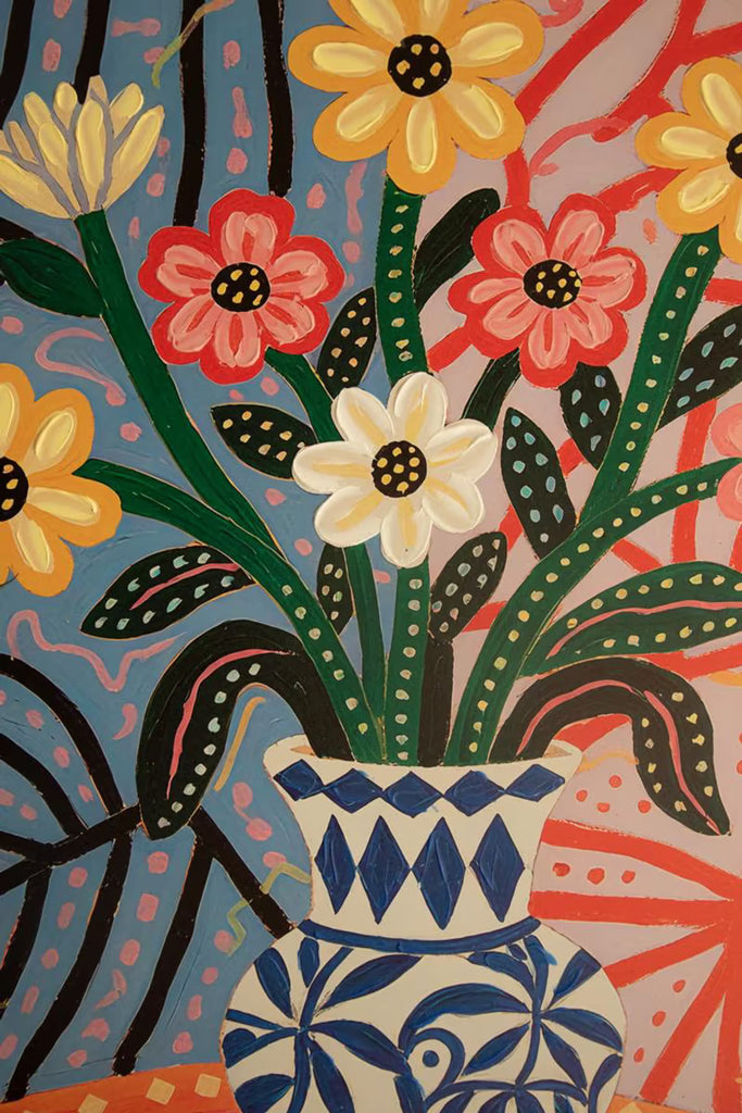 Funky Pink Flowers with Blue Vase Painting