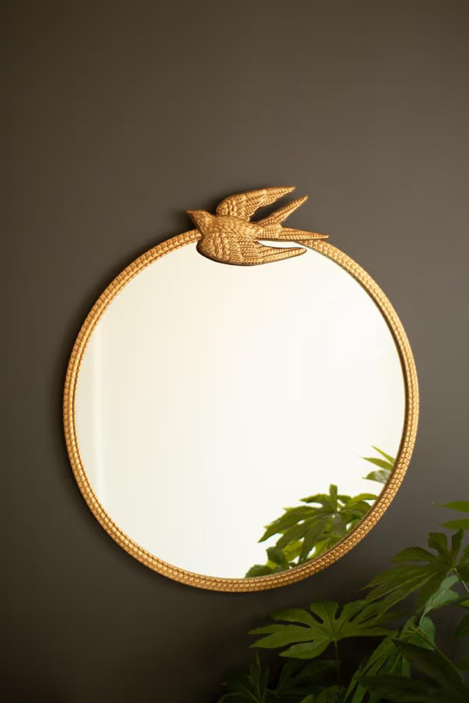 Antique Gold Metal Framed Mirror with Sparrow