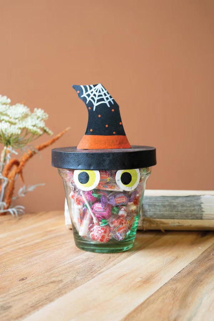 Painted Metal Witch Hat with Glass Pot