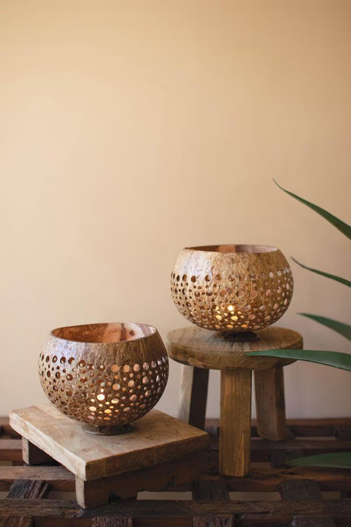 Set of 2 Carved Coconut Luminaries (2 Sets)