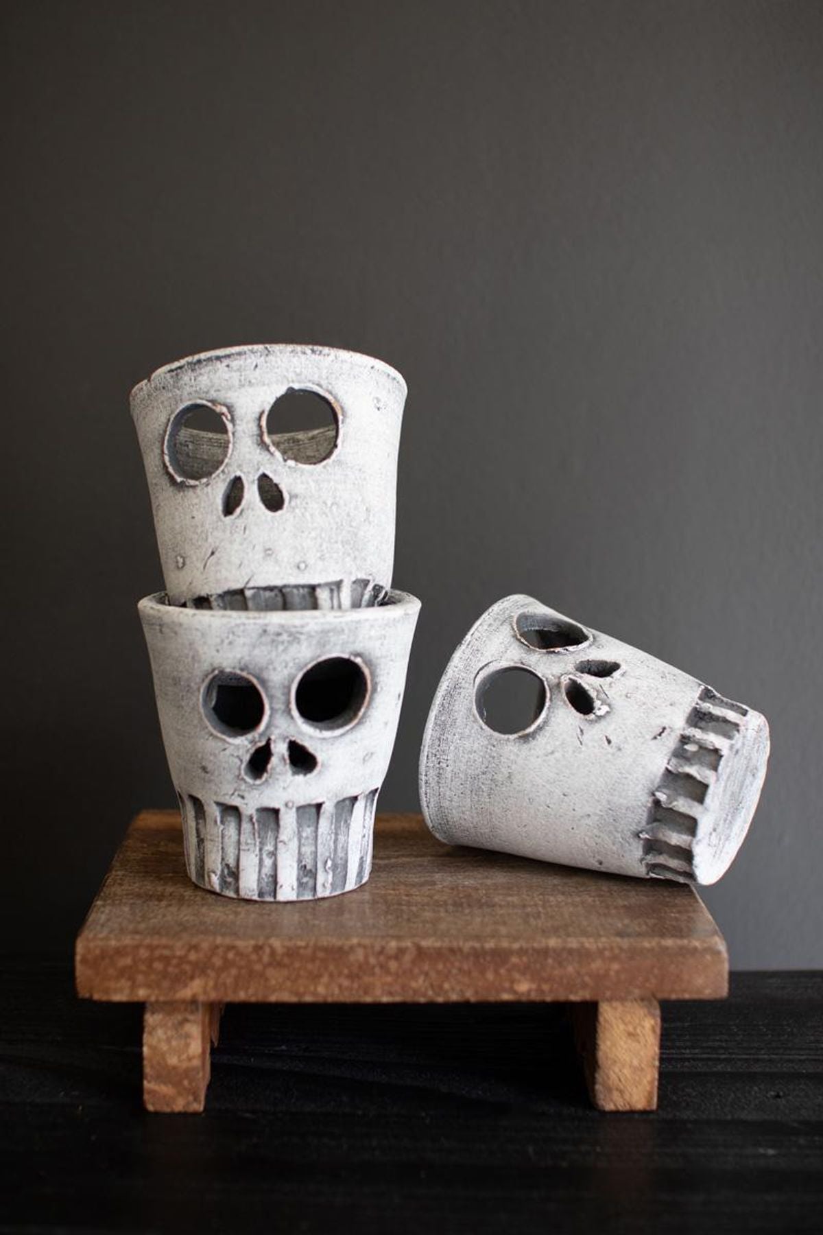 Set of 3 Clay Halloween Skull Votive Holders