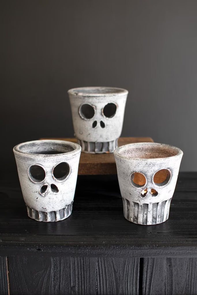 Set of 3 Clay Halloween Skull Votive Holders