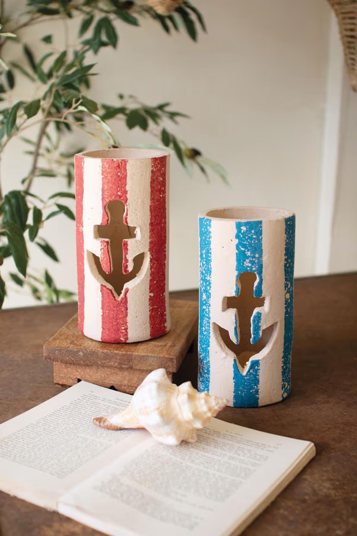 Set of 2 Painted Clay Anchor Luminaries (3 Sets)