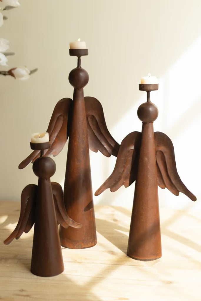 Set of 3 Rustic Iron Angel Tealight Holders