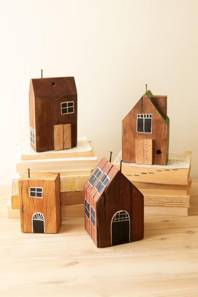 Set of 4 Hand-Painted Recycled Wood Village