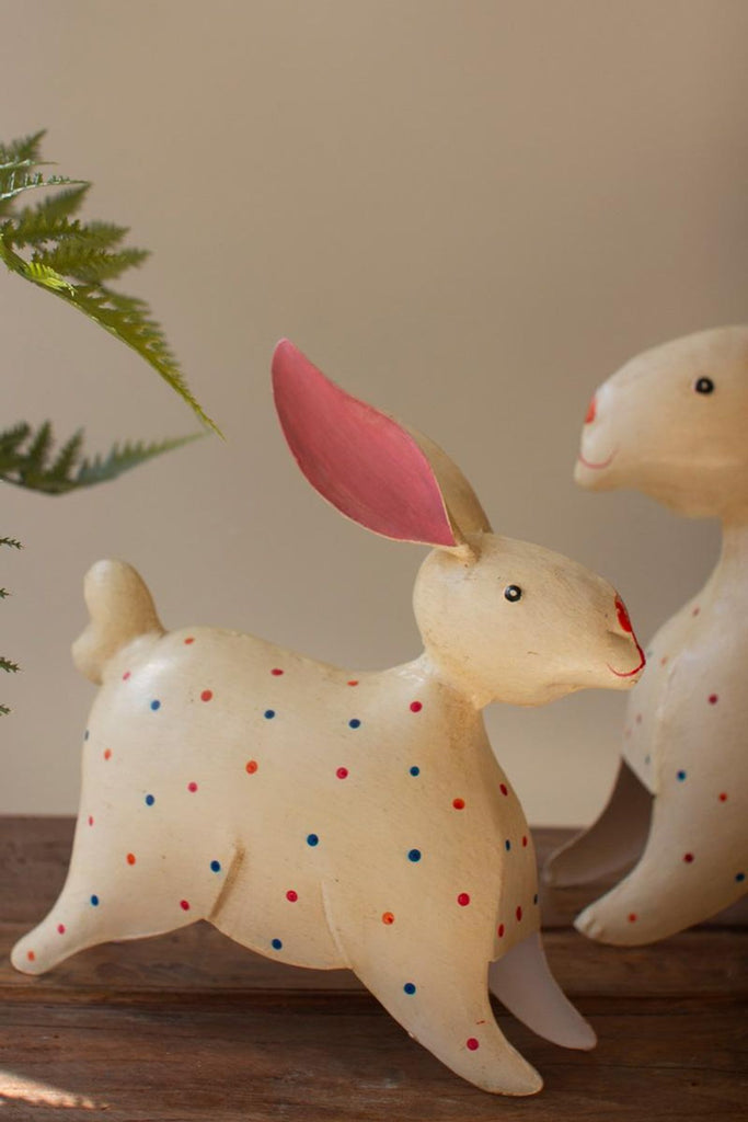 Set of 2 Painted Iron Rabbits with Polka Dots