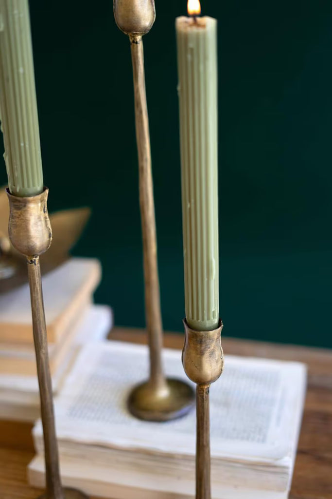 Set of 3 Antique Brass Finish Metal Taper Candle Holders