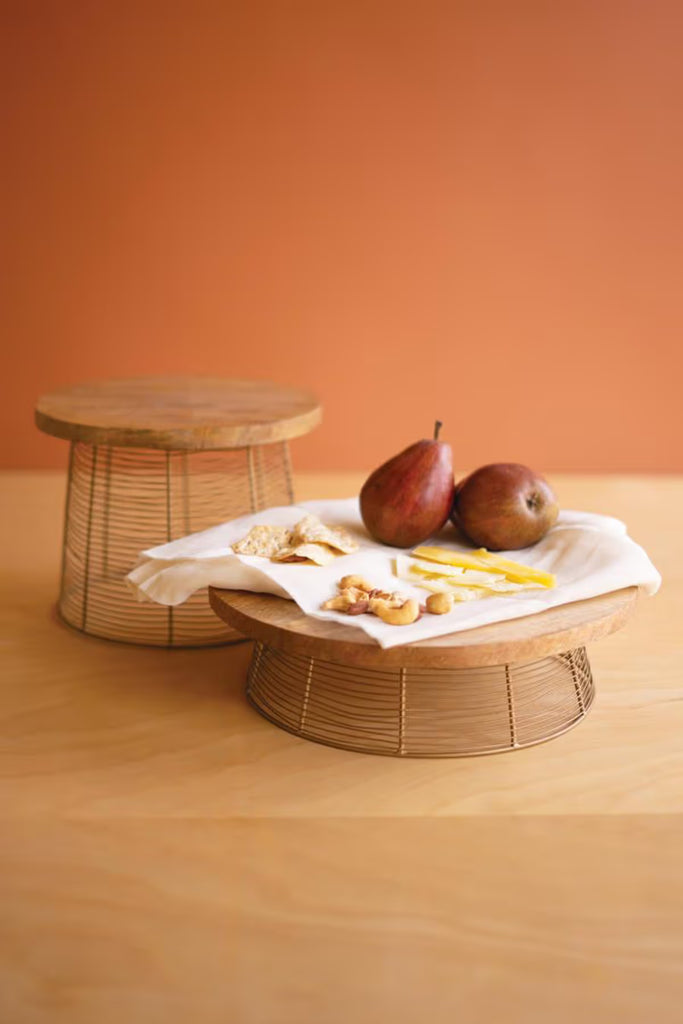 Set of 2 Round Mango Wood and Antique Gold Wire Risers