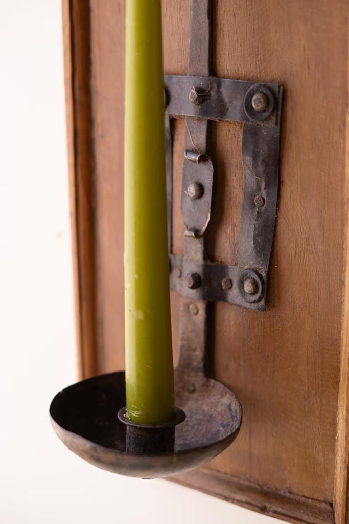 Wooden Wall Sconce with Repurposed Iron Ladle Candle Holder (Set of 2)