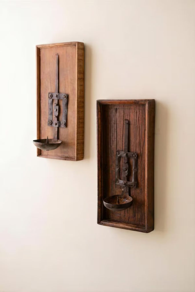 Wooden Wall Sconce with Repurposed Iron Ladle Candle Holder (Set of 2)