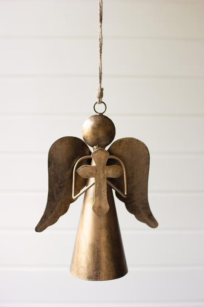 Antique Brass Angel Door Hanger Holding a Cross
