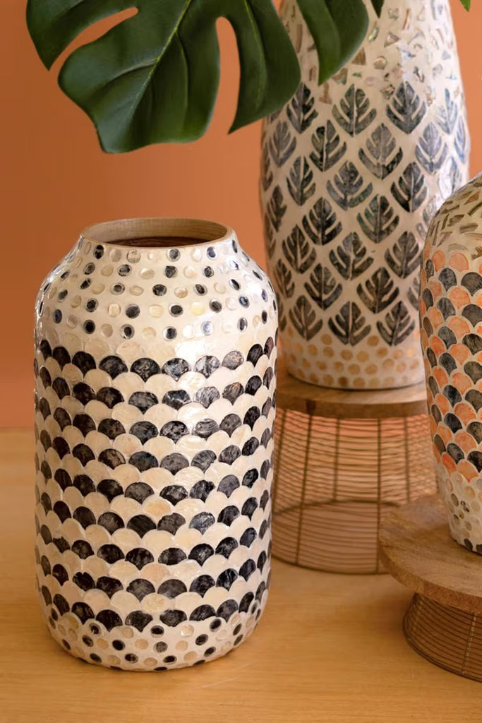 Spun Bamboo Vase with Multi-Color Capiz Shell Detail / #3