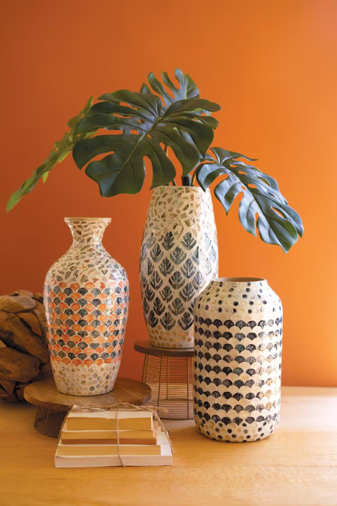Spun Bamboo Vase with Multi-Color Capiz Shell Detail / #3