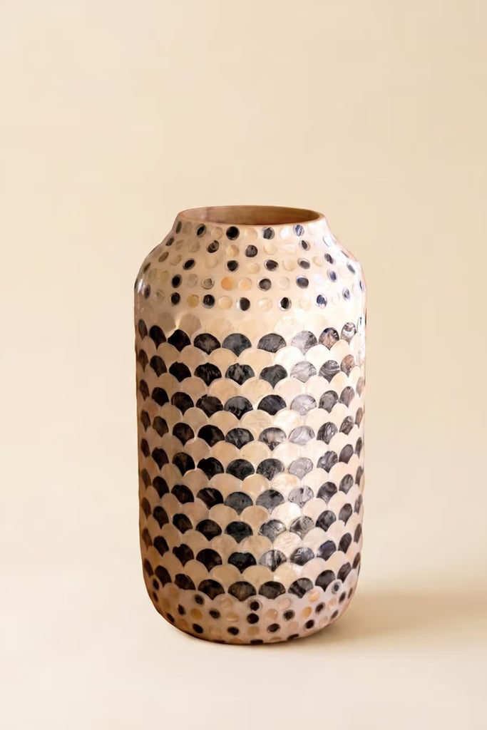 Spun Bamboo Vase with Multi-Color Capiz Shell Detail / #3