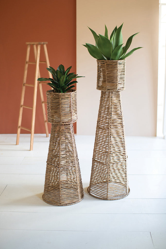 Set Of Two Seagrass And Iron Planter Towers - Hearts Attic 