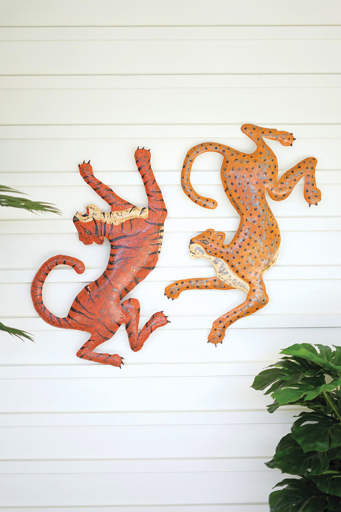 Set Of 2 Hand Hammered Recycled Cheetah And Tiger Wall Hanging - Hearts Attic 