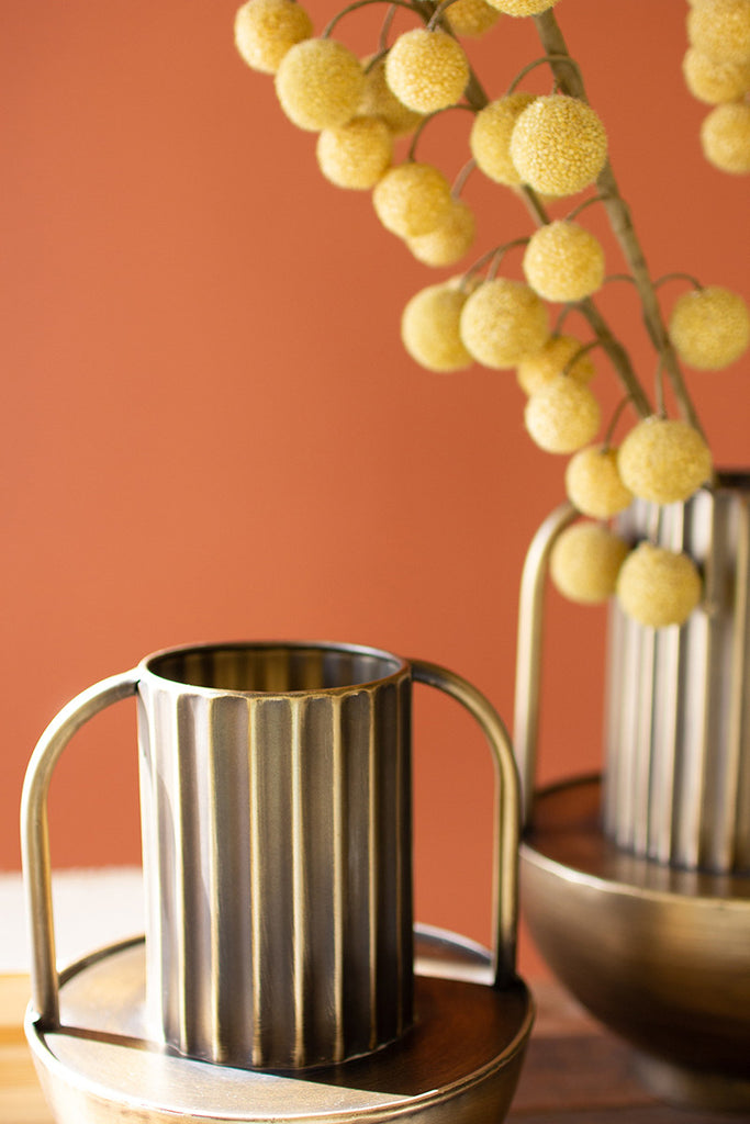 Set Of Two Metal Antique Brass Vases With Handles - Hearts Attic 